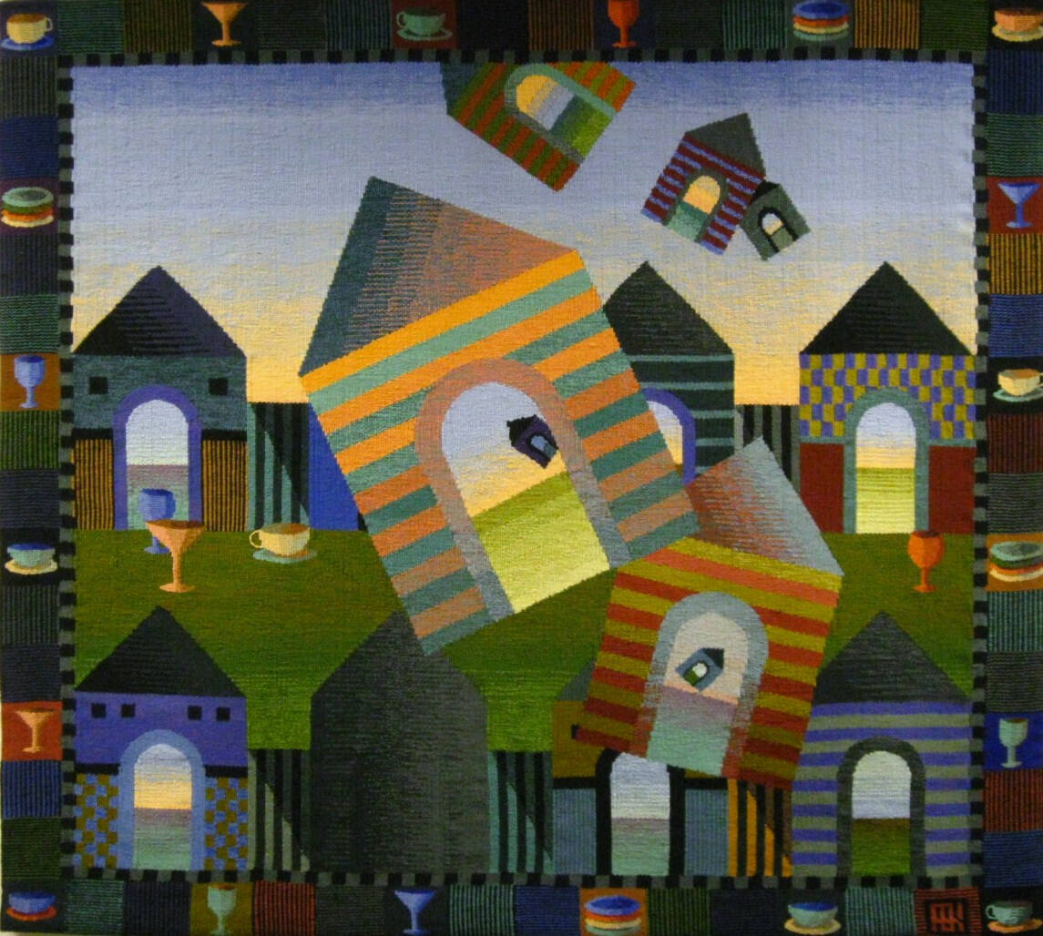 Weaving with houses in rows; several lifting into sky.